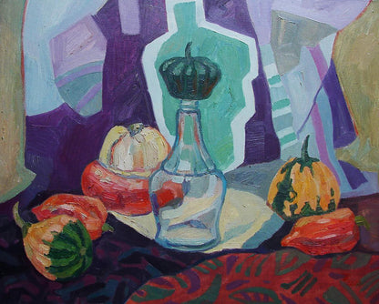 Clear glass bottle with dark green pumpkin stopper by Tatyana Shulyak