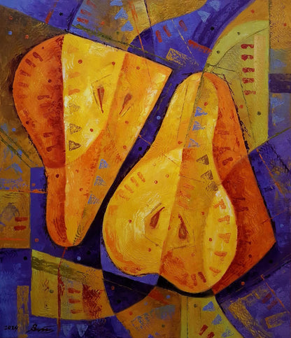 Oil painting Still life with pears by Sergiy Voichenko, vibrant abstract pears