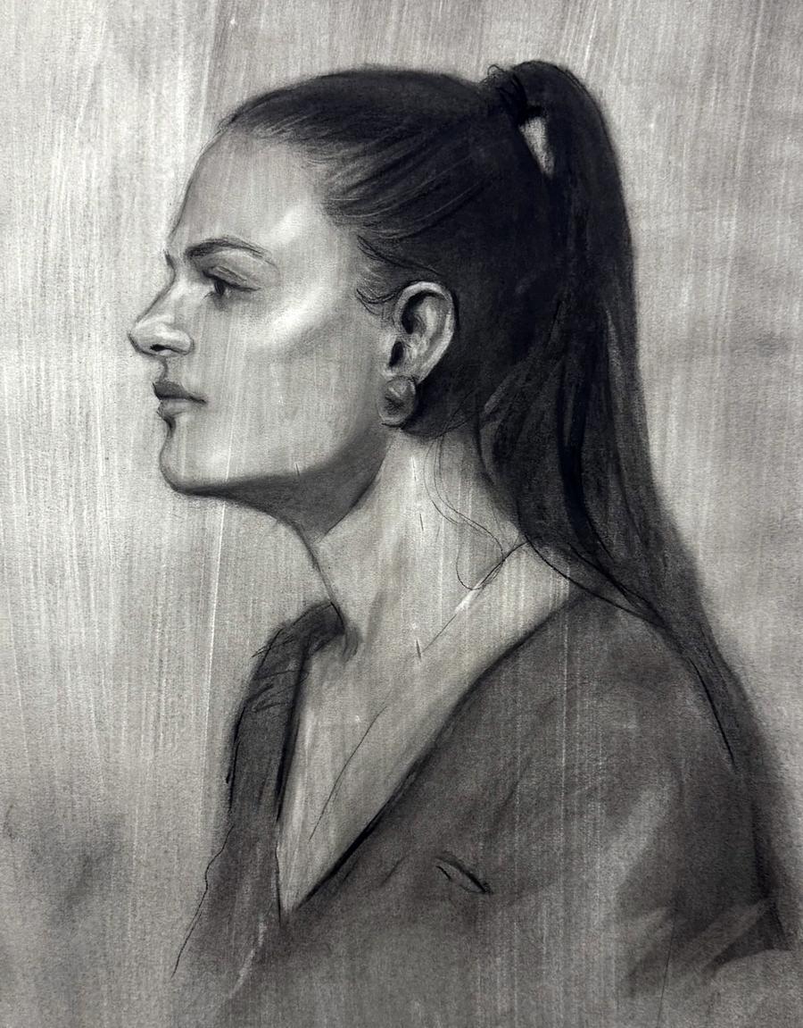 Detailed charcoal sketch of Persephone Annam Butt in profile with high ponytail
