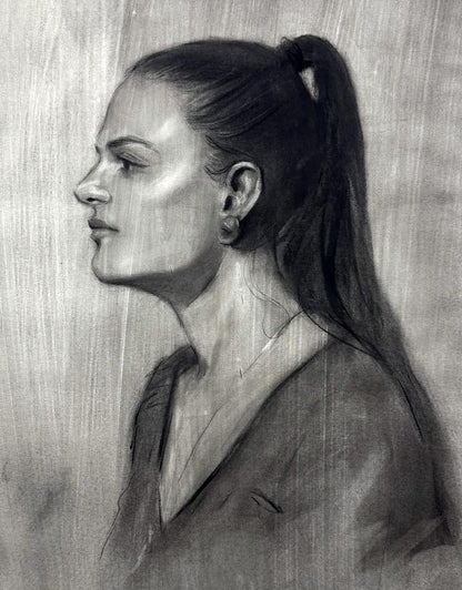 Detailed charcoal sketch of Persephone Annam Butt in profile with high ponytail