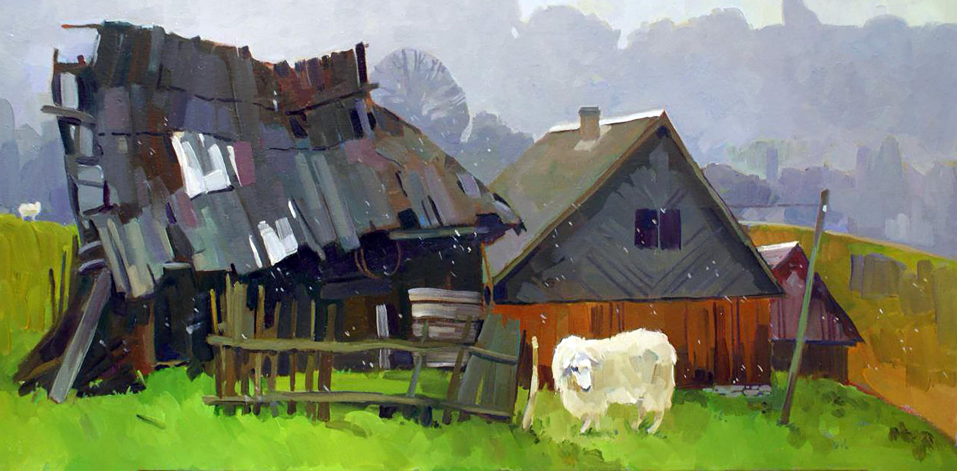 Oil painting First snow by Anastasia Yaroshevich: fluffy white sheep in green field