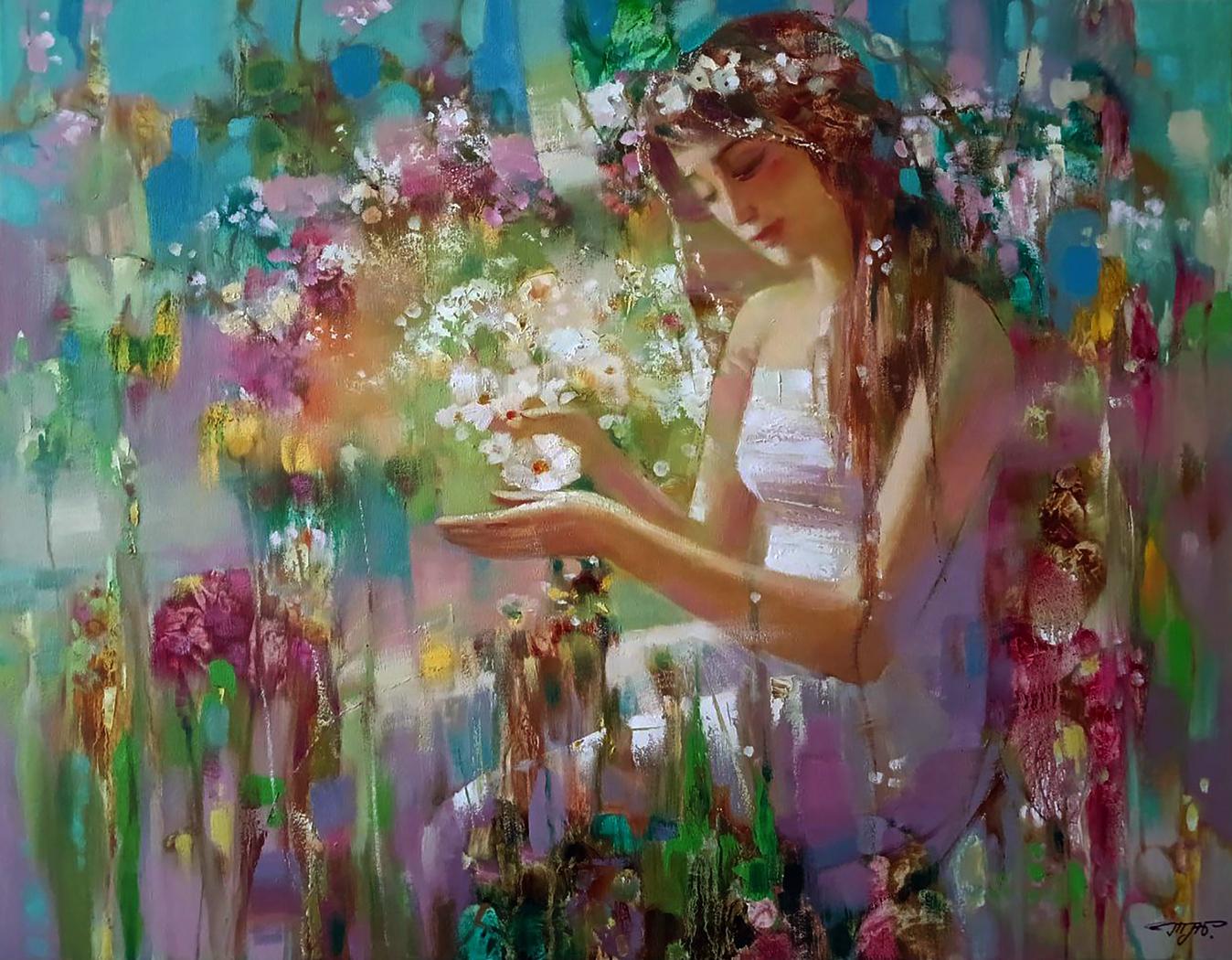 Abstract oil painting Spring Mirage by Anatoly Tarabanov: woman in white dress with floral headpiece amid vibrant flowers