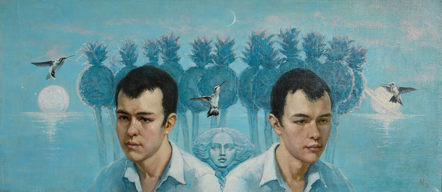 Oil painting Empathy of touch by Oleg Kateryniuk with two men and surreal motifs
