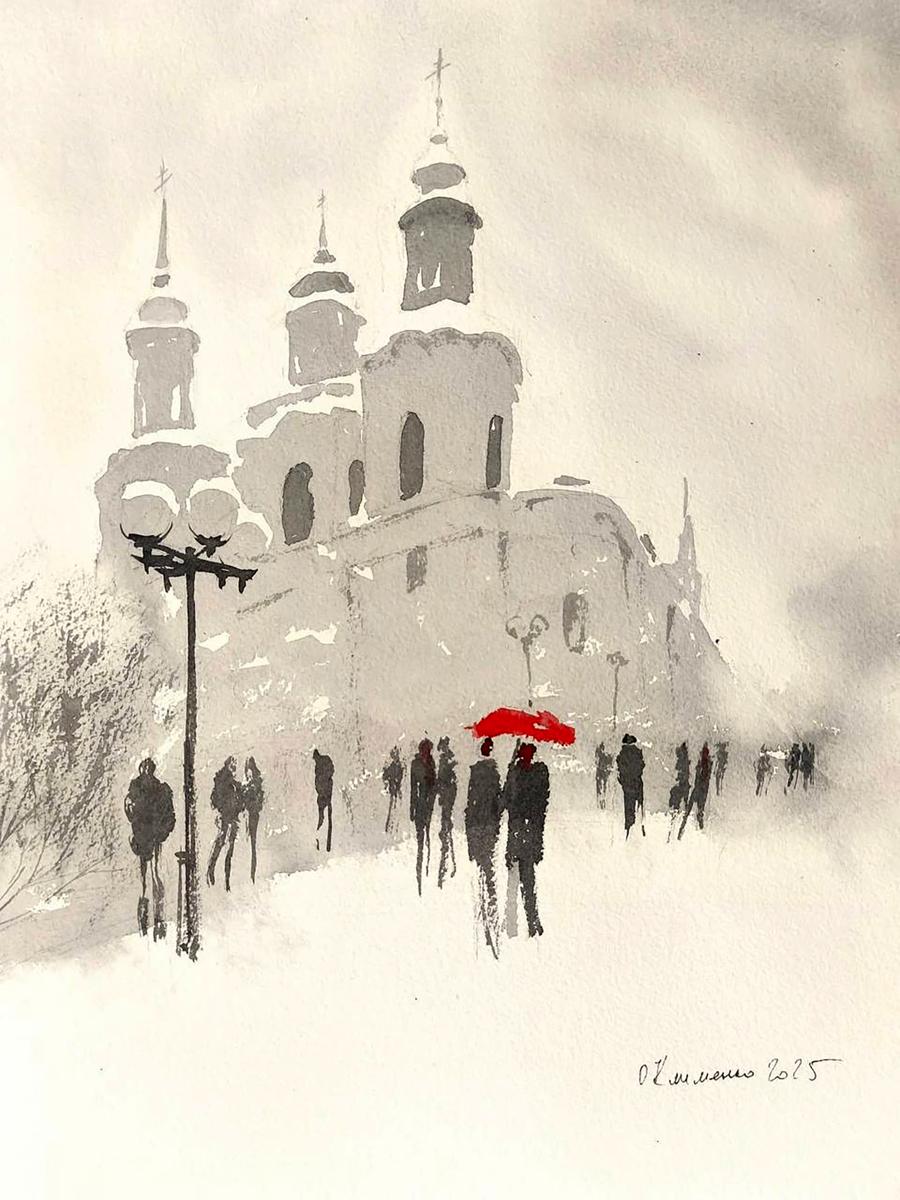 Watercolor painting Winter City Olena Klimenko
