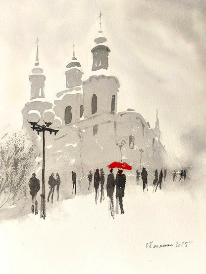Watercolor painting Winter City Olena Klimenko