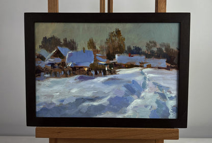 Framed impressionistic oil painting of large snow drifts by Yuriy Suprunchuk
