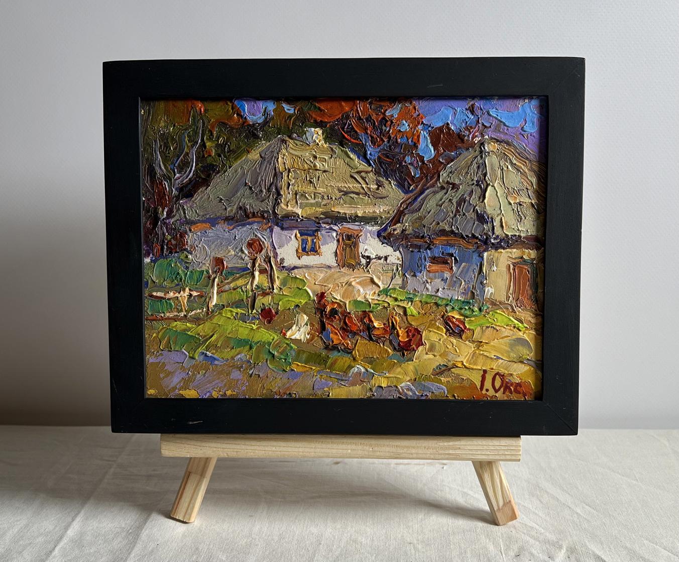 Oil painting of chickens in yard by Oksana Ivanyuk in black frame