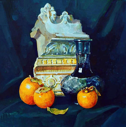 Oil painting Still life with persimmon by Anastasia Yaroshevich featuring ornate white gold object and dark blue glass vase