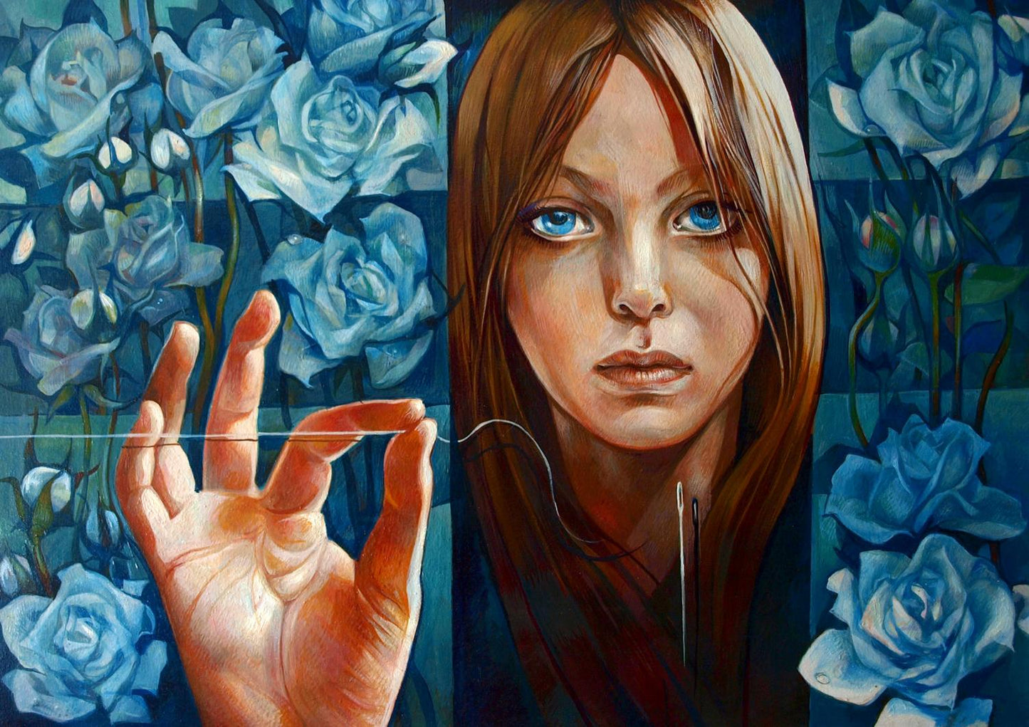 Oil painting Garden of Delights by Konsta G. Amelinn with blue-eyed woman