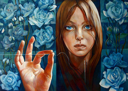 Oil painting Garden of Delights by Konsta G. Amelinn with blue-eyed woman