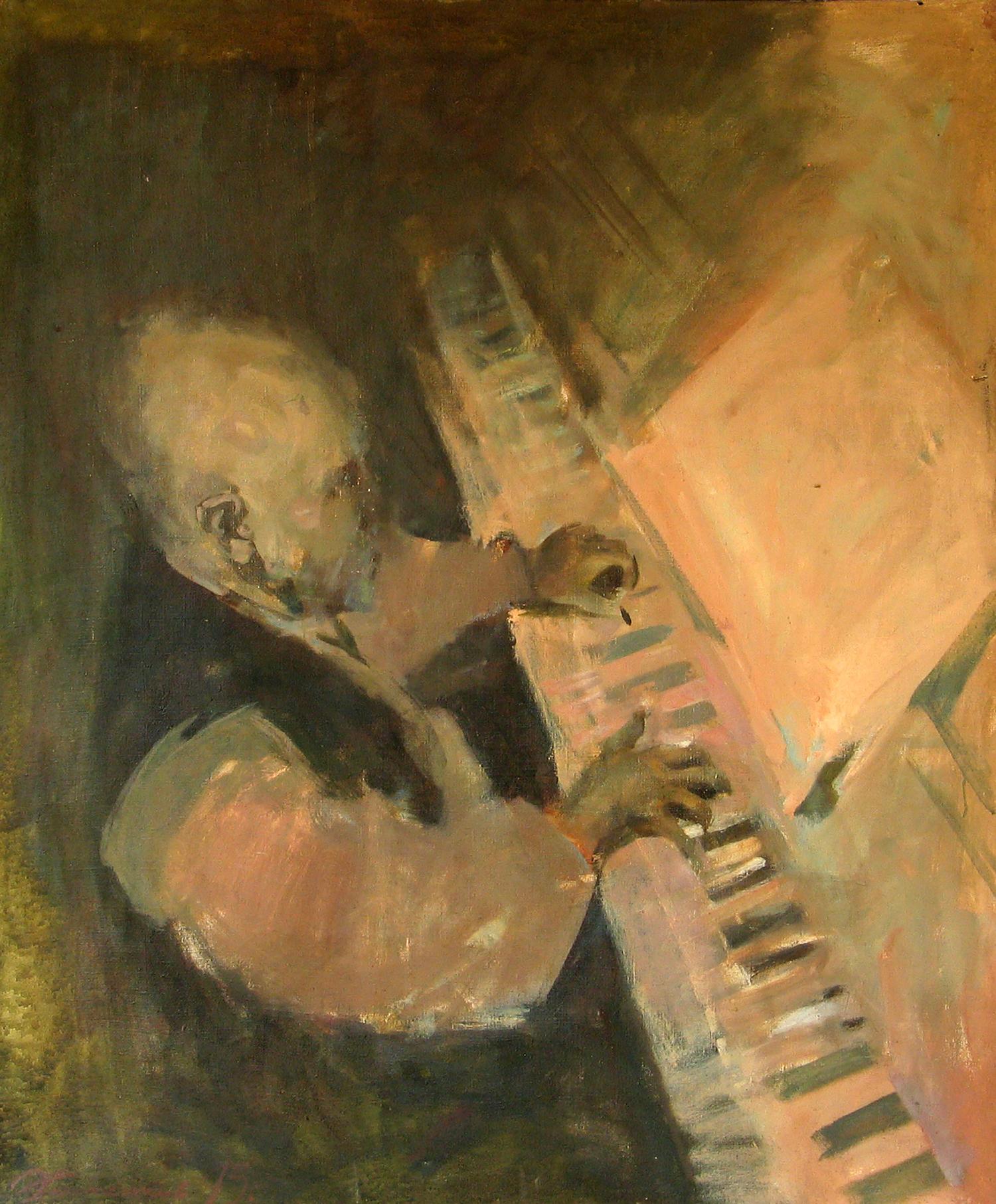 Oil painting Adagio by Ed Potapenkov: elderly bald man playing piano