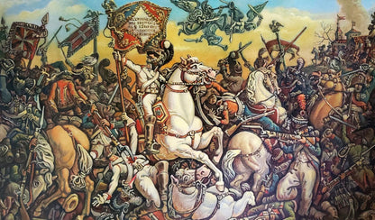Vibrant oil painting Battle by Daniil Litvinov: knights in chaotic combat