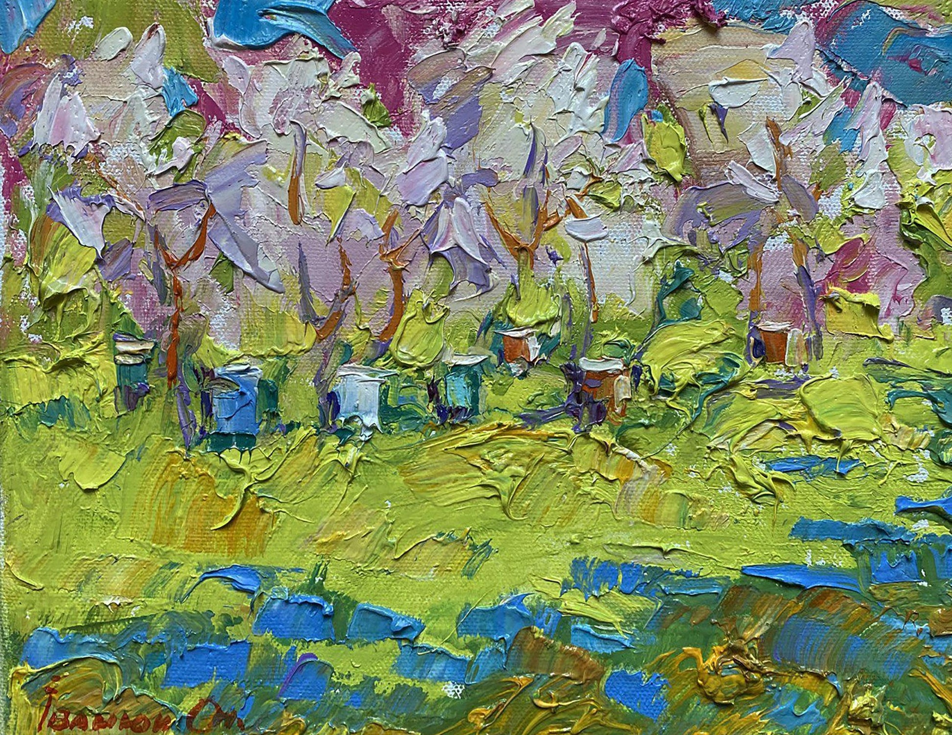 Vibrant Spring Garden oil painting by Oleksiy Ivanyuk with trees and beehives