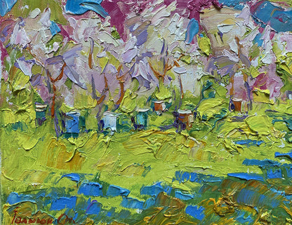 Vibrant Spring Garden oil painting by Oleksiy Ivanyuk with trees and beehives
