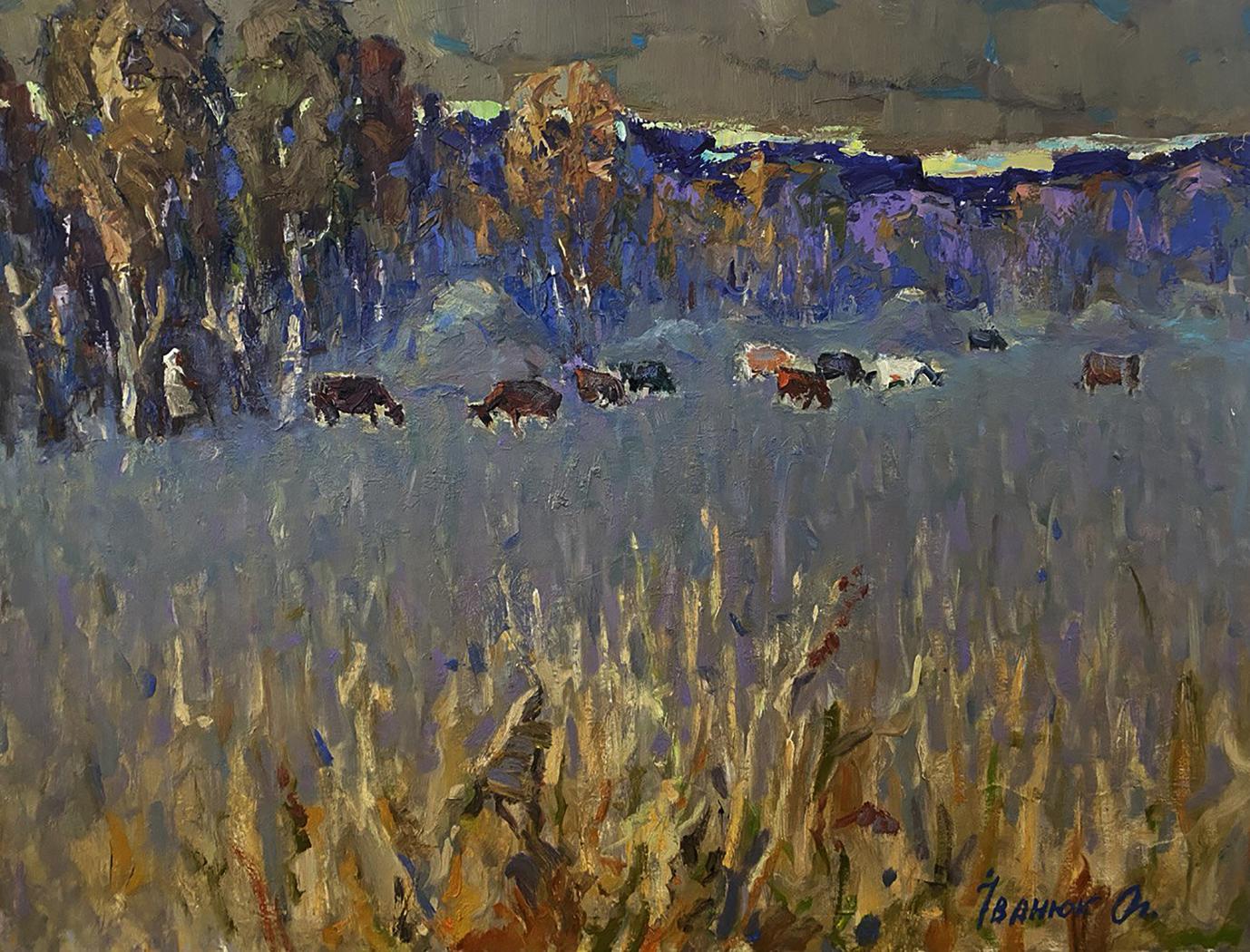Oil painting In the cold steppes by Oleksiy Ivanyuk: cows grazing