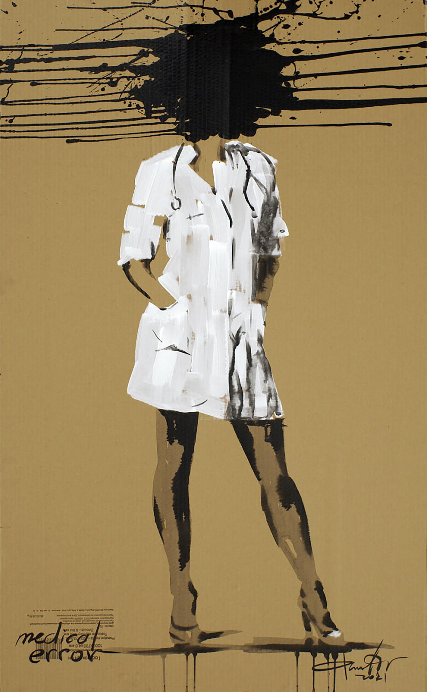 Stylized acrylic painting of woman in white coat with ink splatters by Dima Filatov