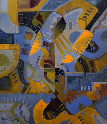 Oil painting Stained glass autumn by Sergiy Voichenko, bold geometric shapes