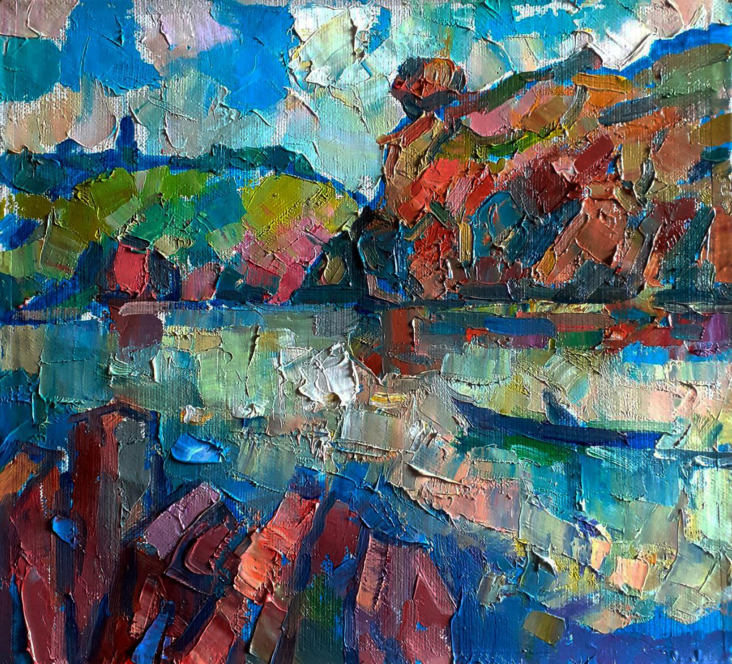 Vibrant impressionist oil painting of rocky river bank by Pavel Dobrev