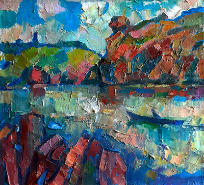Vibrant impressionist oil painting of rocky river bank by Pavel Dobrev