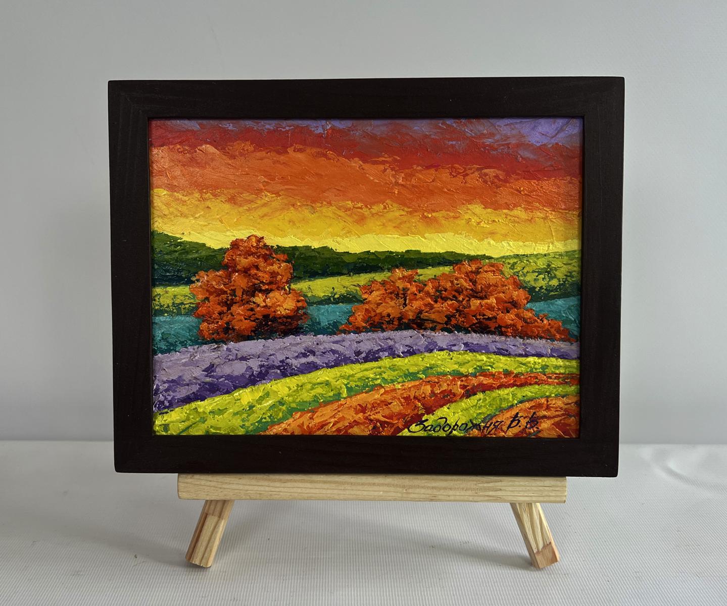 Oil painting Autumn sunset in the field by V. Zadorozhnya in black frame