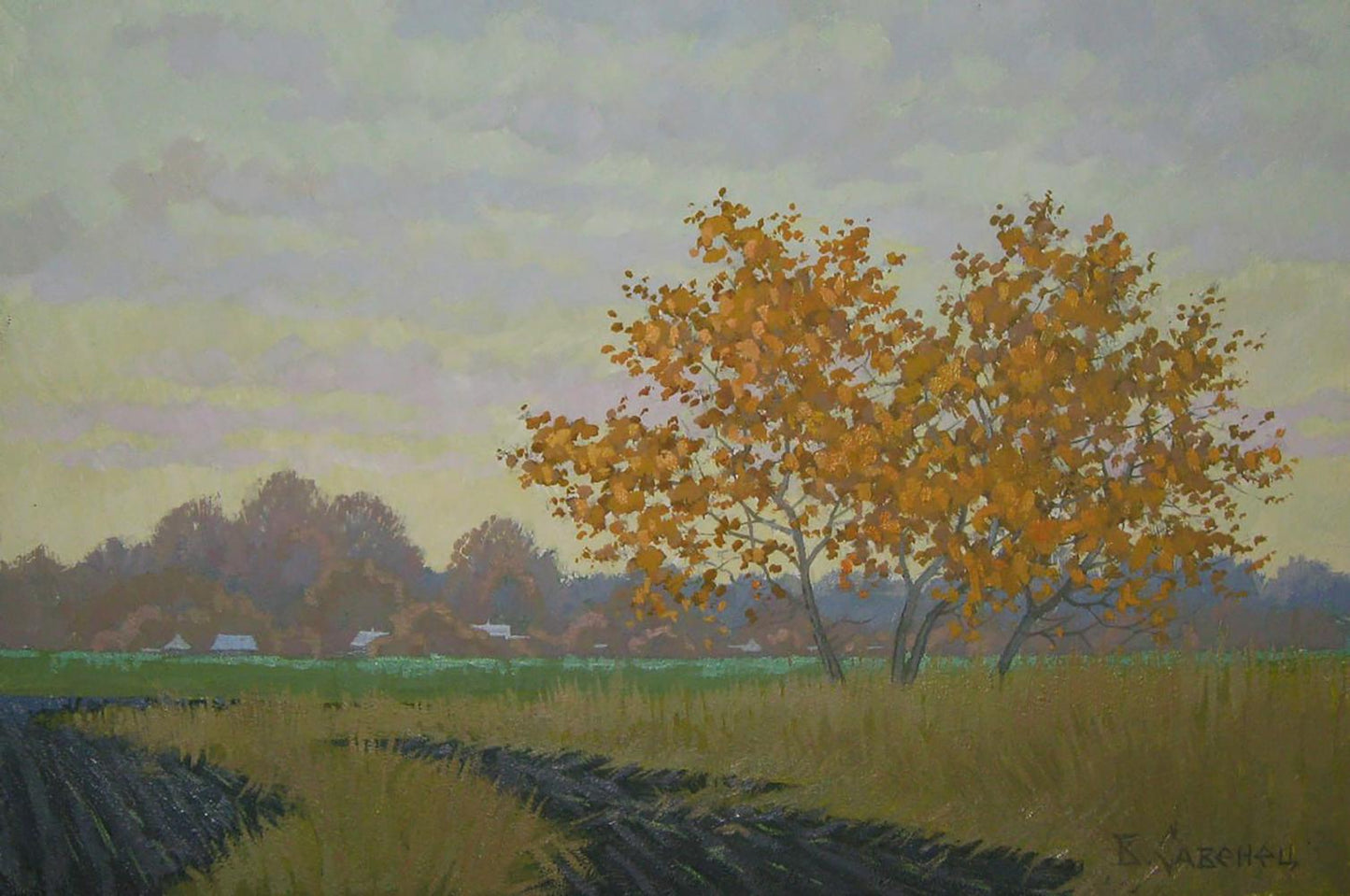 Oil painting Autumn evening in the fields by Valery Savenets vibrant tree