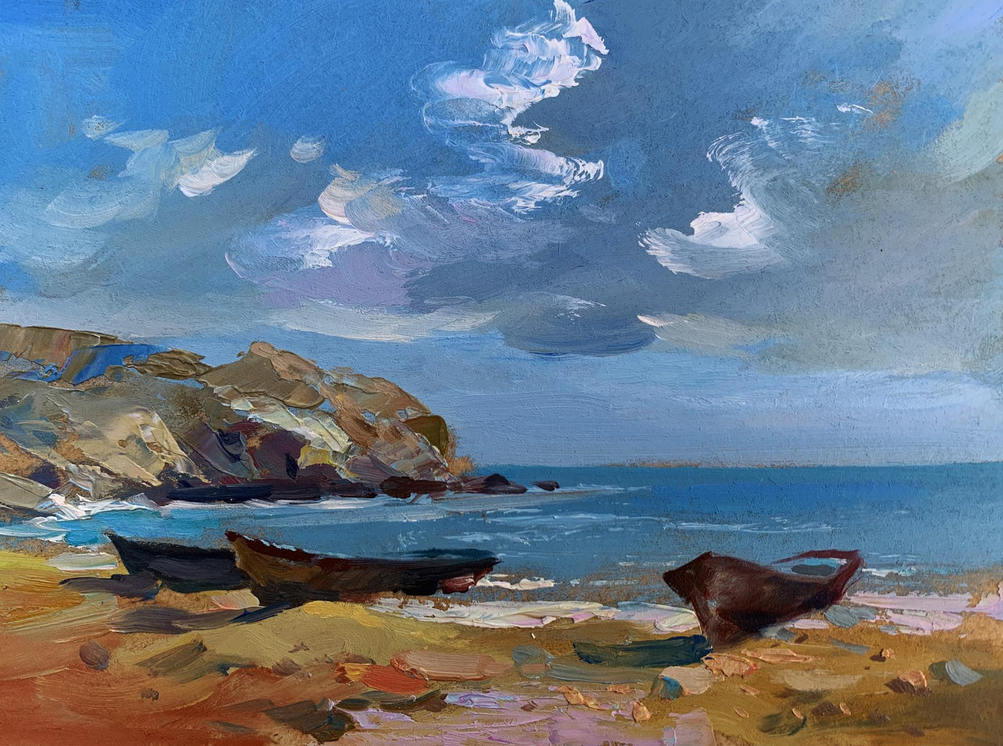 Textured oil painting by Yuriy Suprunchuk of island boats on beach