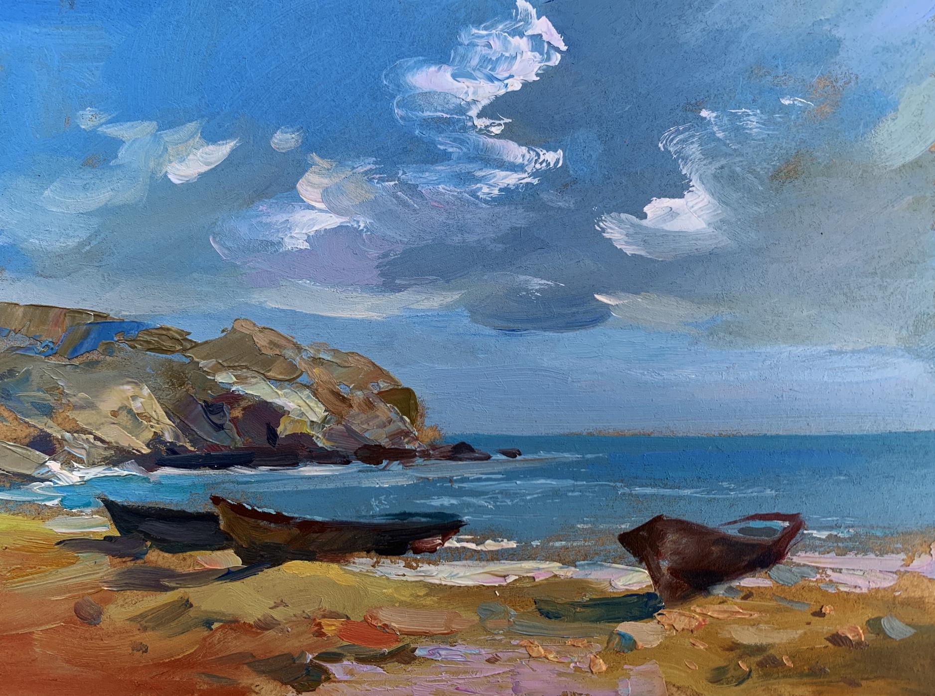 Textured oil painting by Yuriy Suprunchuk of island boats on beach