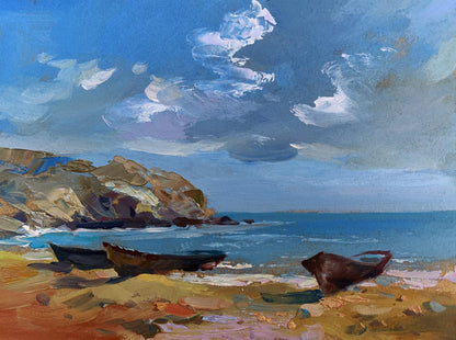 Textured oil painting by Yuriy Suprunchuk of island boats on beach