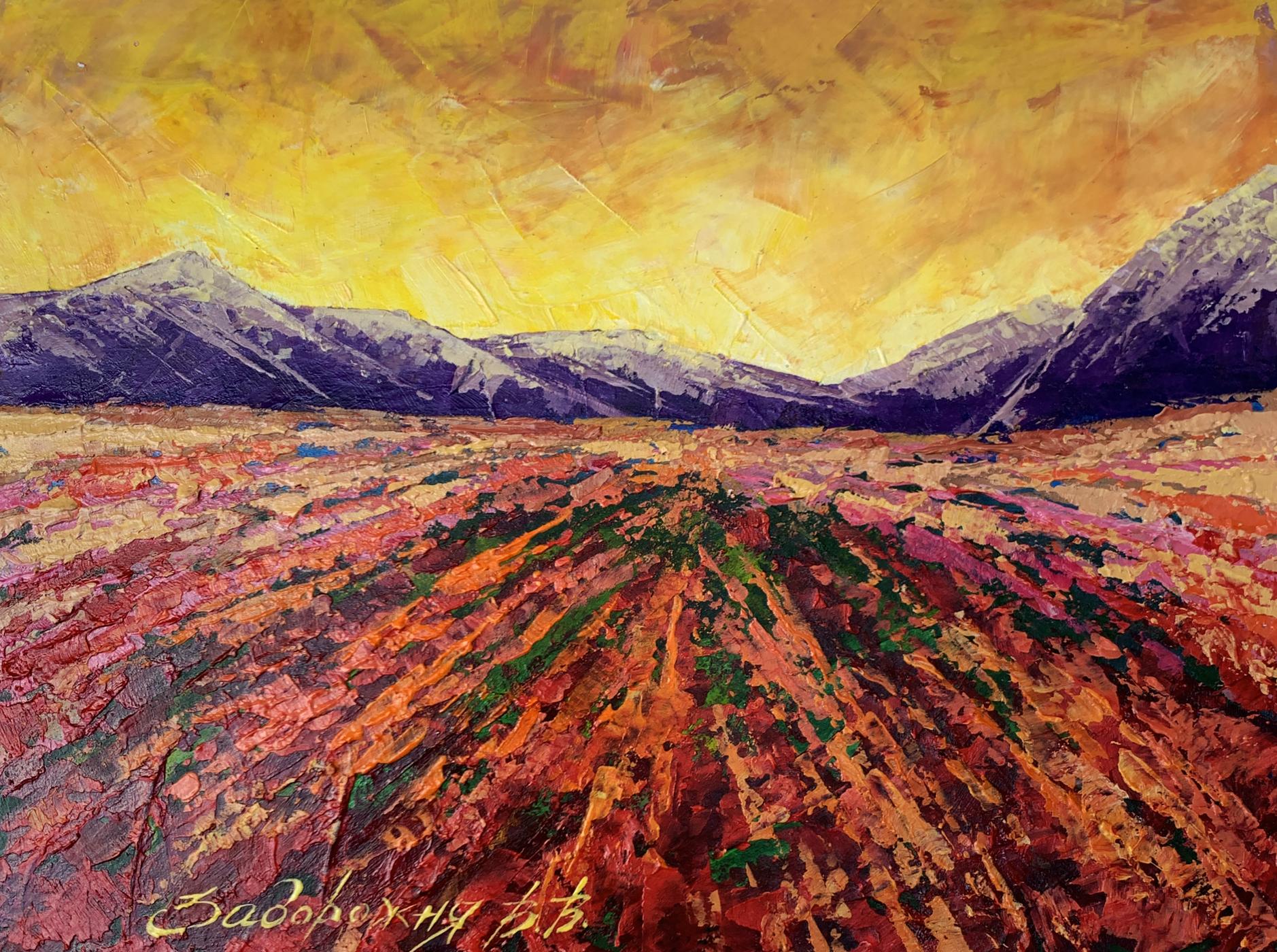 Vibrant oil painting of mountain sunset by V. Zadorozhnya
