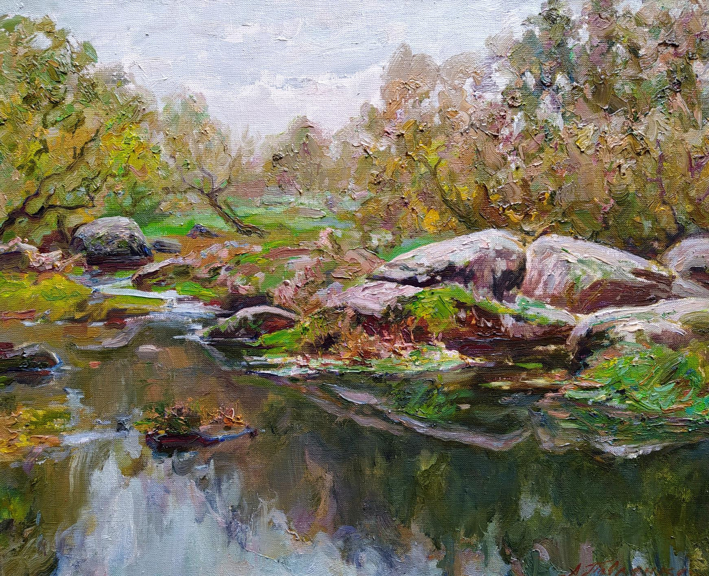 Oil painting On the river bank by Leonid Pavlenko serene stream forest