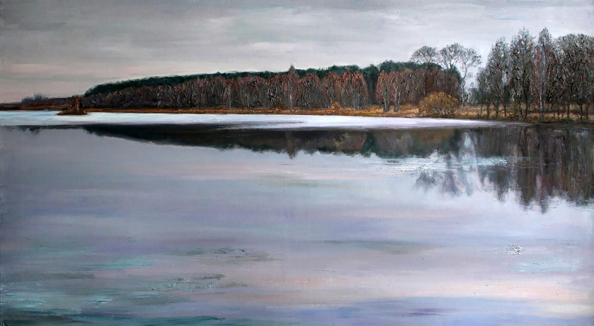 Serene frozen lake oil painting Autumn Balance by Leonid Pavlenko