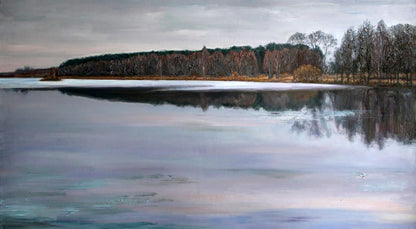 Serene frozen lake oil painting Autumn Balance by Leonid Pavlenko