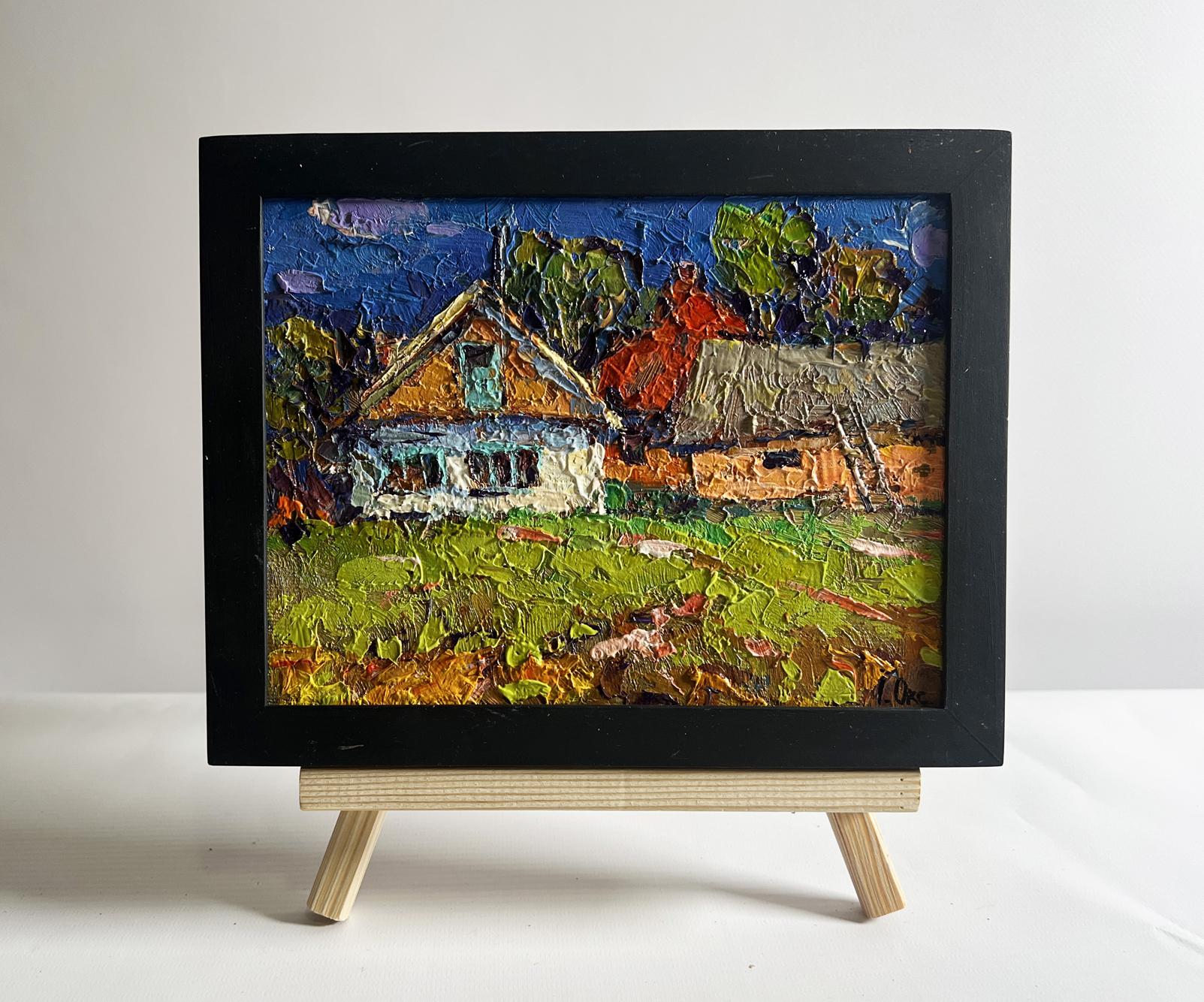 Vibrant oil painting Sunny day in the village by Oksana Ivanyuk in black frame