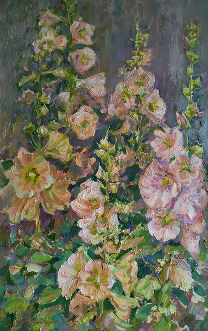 Vibrant impressionistic oil painting of pink peach hollyhocks by Leonid Pavlenko