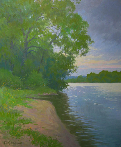 Oil painting of lush green trees on summer riverbank by Valery Savenets
