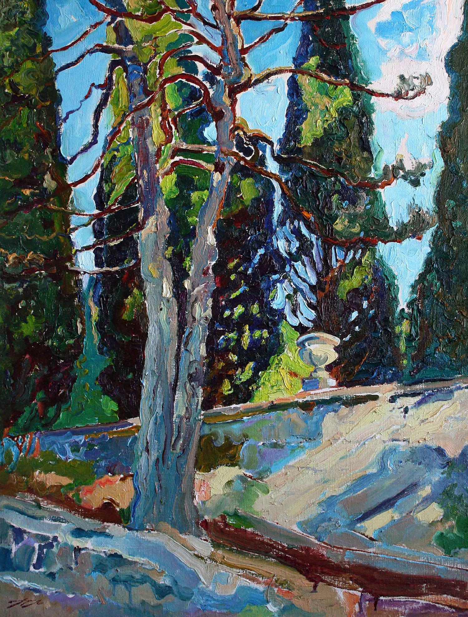 Oil painting Morning in the Park by Leonid Pavlenko: white urn amid lush green trees
