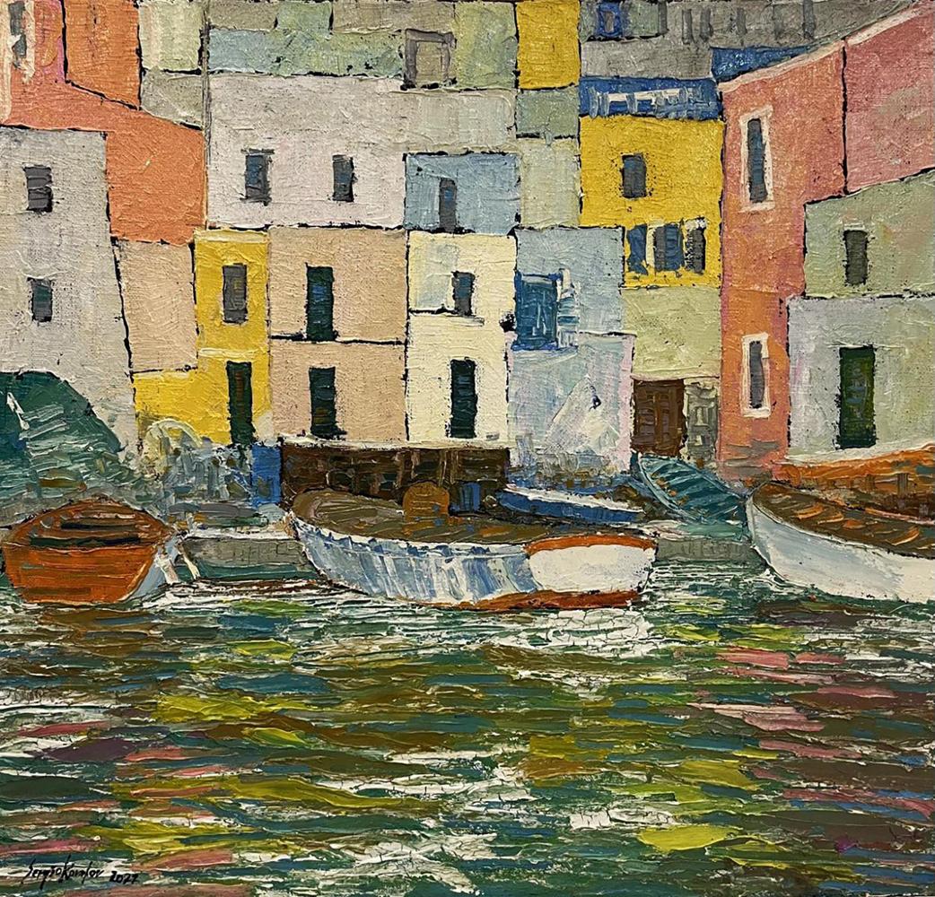 Vibrant oil painting Amplitude by Serhiy Kovalev: Mediterranean buildings and boats