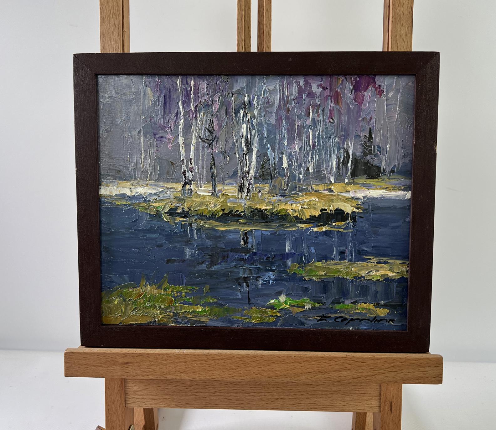 Oil painting Snow melts in March by Boris Serdyuk serene lakeside scene