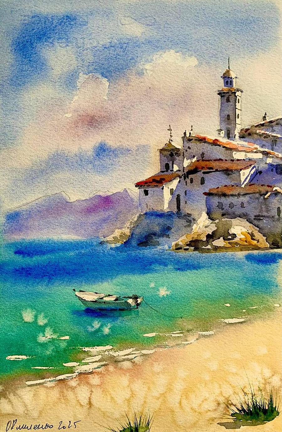 Watercolor painting Stone City on the Shore Olena Klimenko