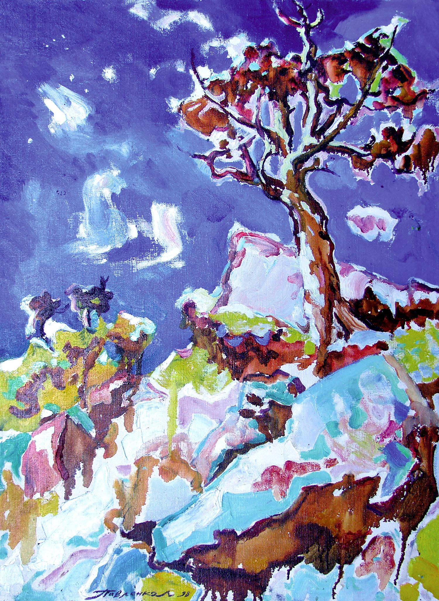 Oil painting of vibrant abstract tree in mountains by Leonid Pavlenko