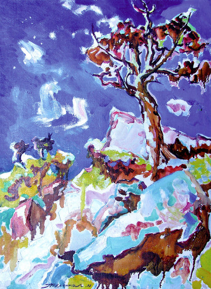 Oil painting of vibrant abstract tree in mountains by Leonid Pavlenko