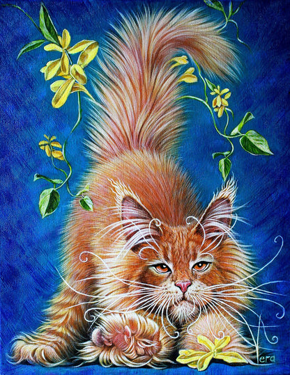 Oil painting of fluffy orange tabby cat by Lapusic sorcerer Vira Goncharenko