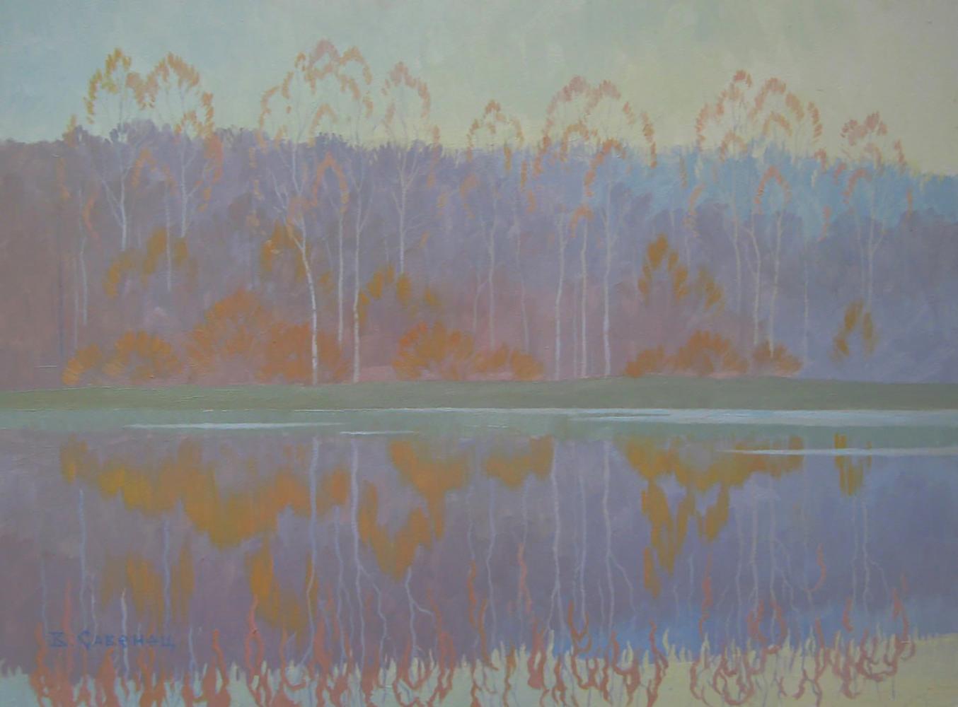 Autumn reflections oil painting by Valery Savenets with lavender hues