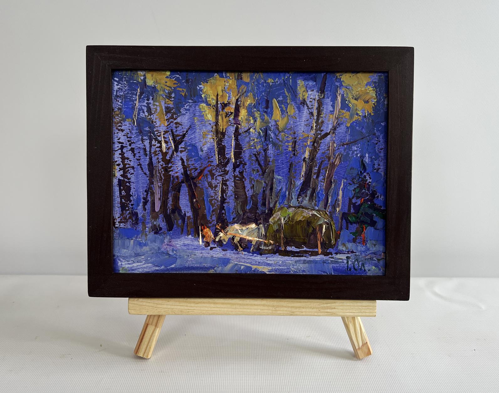 Oil painting Home on a winter evening by Oleksiy Ivanyuk in wooden frame