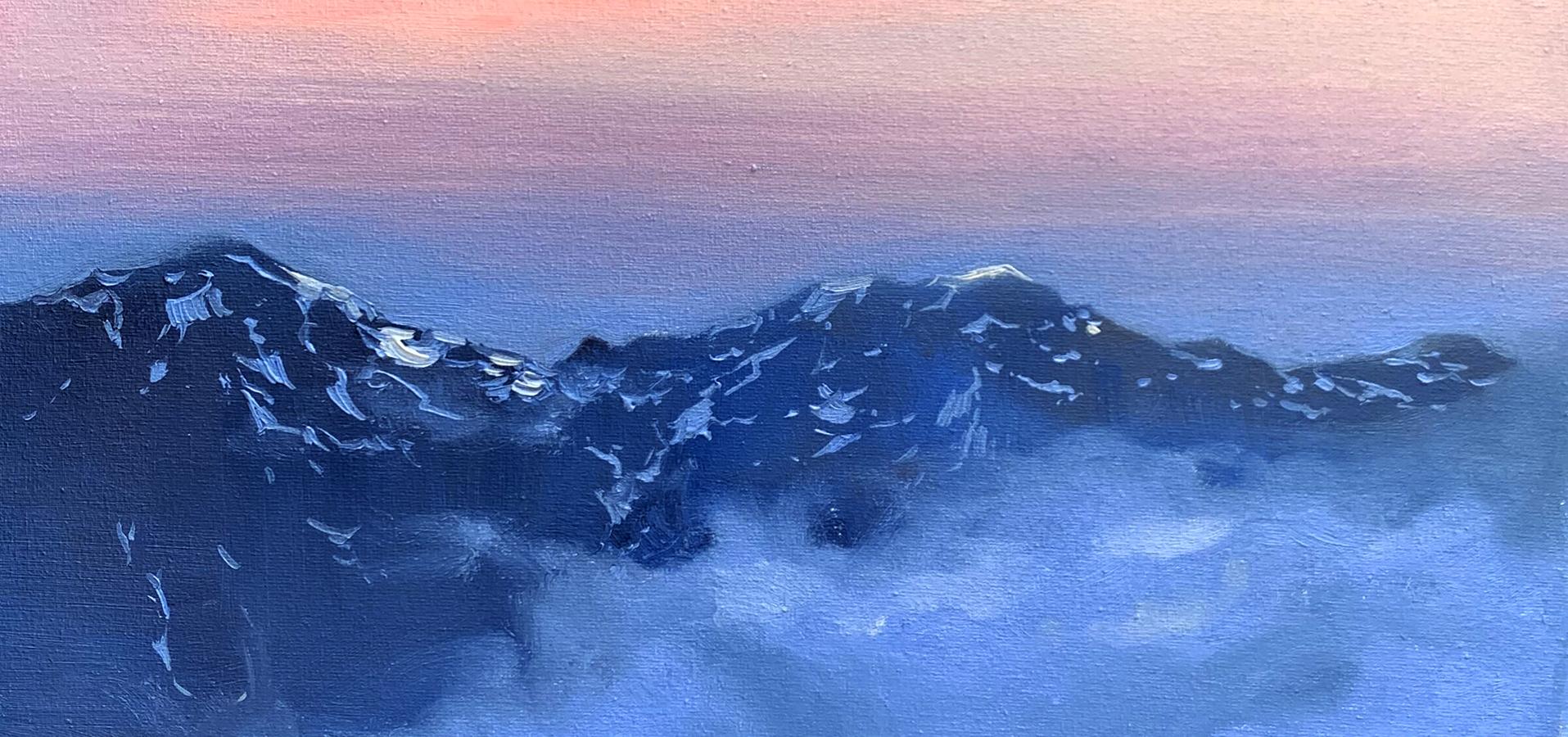 Serene oil painting of snowy mountains by Tatyana Derdey above clouds