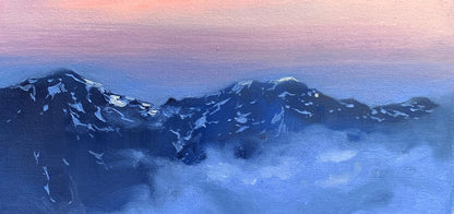 Serene oil painting of snowy mountains by Tatyana Derdey above clouds