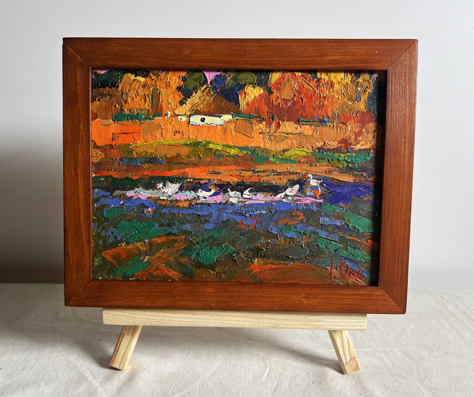 Oil painting Evening by the lake by Oksana Ivanyuk in wooden frame