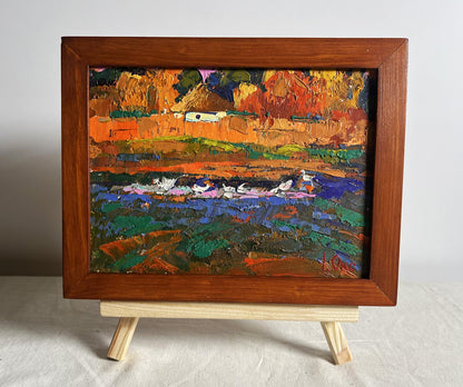 Oil painting Evening by the lake by Oksana Ivanyuk in wooden frame