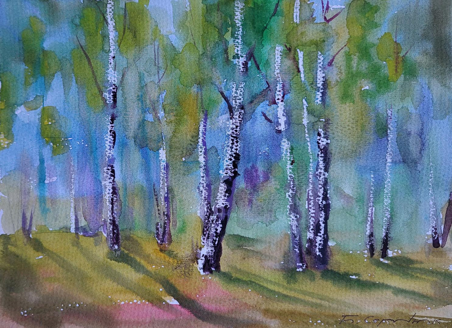 Watercolor painting Spring in the birches by Boris Serdyuk