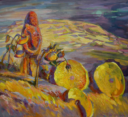 Oil painting Millstone of Time by Leonid Pavlenko, vibrant figure amid oversized yellow fruit